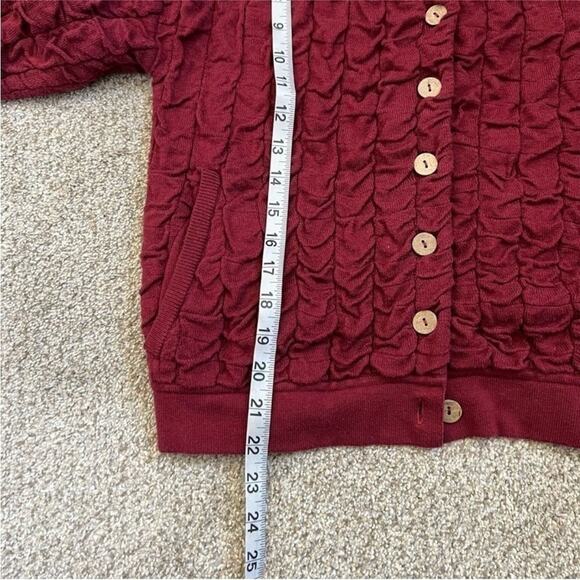 FP FREE PEOPLE Beach Burgundy Red Tan Button Knit Cardigan Ruche Bomber Jacket S - Picture 9 of 10